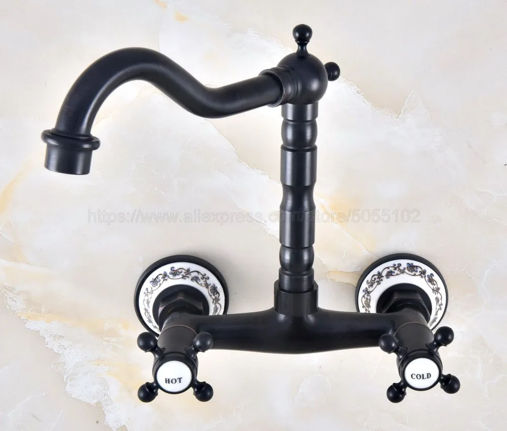 Wall Mounted Double Handle Oil Rubbed Bronze Swivel Spout Bathroom Basin Sink Mixer Tap Faucet znf460