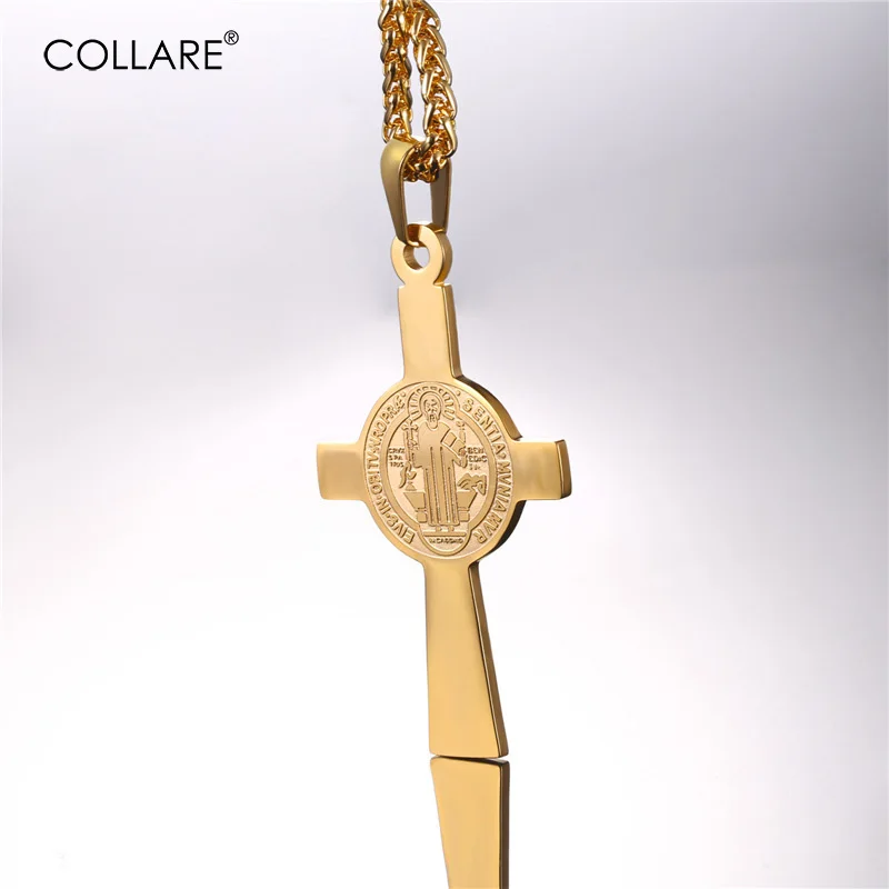 

Collare Cross Pendant Men Stainless Steel Gold Color Medalla de San Benito Necklace Women Saint Benedict Medal Jewelry P084