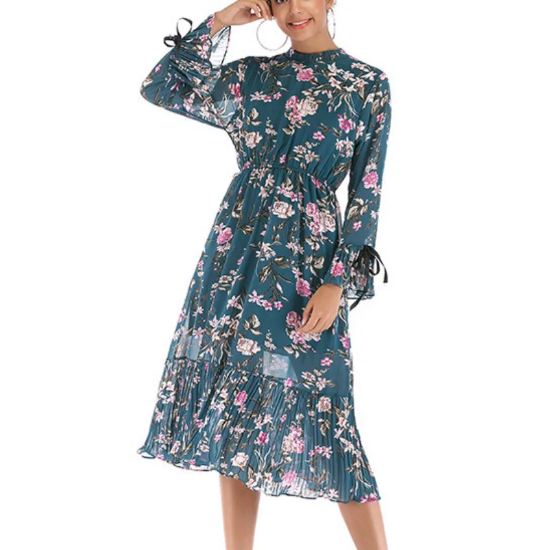 

Women's Elegant Trumpet Sleeve Long Sleeve Floral Flower Print Chiffon Elastic Waist Casual Party A-Line Long Dress