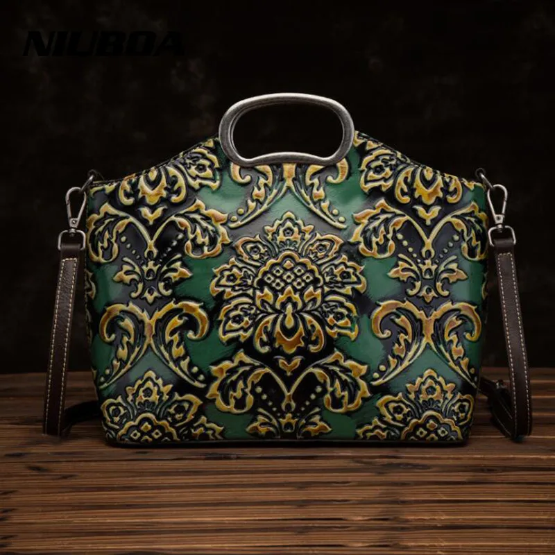 

Women Shoulder Embossed Handbag Tote Retro Messenger Cross Body Purse National Style Top Handle Bags Female Genuine Leather Bag