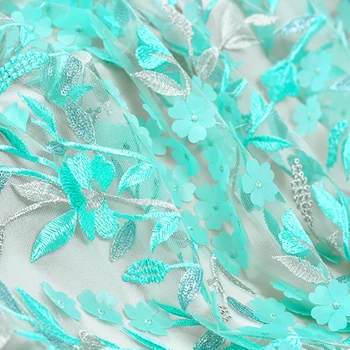 

130CM Wide 300G/M Blue Green Flower Embroidery Net Lace Fabric for Wedding Dress Clothes E377