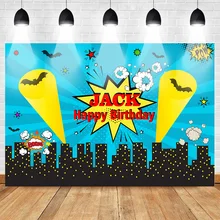 Mehofoto Super Hero Theme Party Background Happy Birthday Backdrop for Baby Batman Boom Pow Anime Night Stripes Star Build