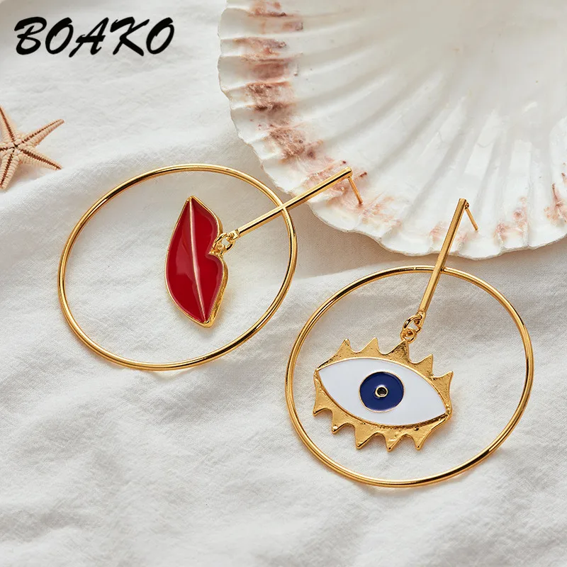 

Korean Sexy Lip Evil Eye Gold Loop Drop Earrings Asymmetric Long Dangle Earrings for Women Punk Party Earrings Fashion Jewelry
