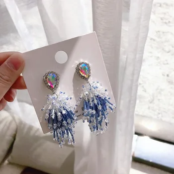 

MENGJIQIAO Korean New Handmade Shiny Crystal Beads Tassel Drop Earrings For Women Elegant Exaggerate Brincos Party Jewelry Gifts
