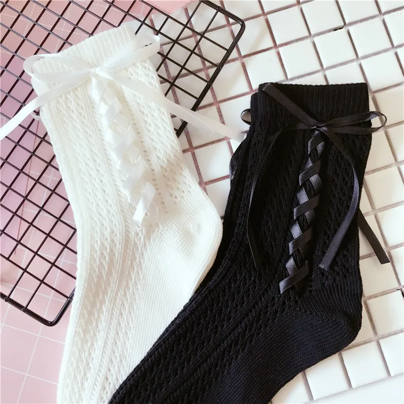 

Sweet Lolita Socks Hollow Out Black White Cotton Socks with Lace up Bowknot