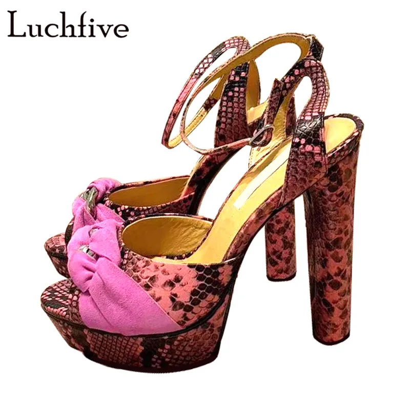 

2019 Women Snake Pattern High Heels Sandals Sweet Bowtie Peep Toe Platform Party Shoes Summer Pink Buckles Zapatos De Mujer