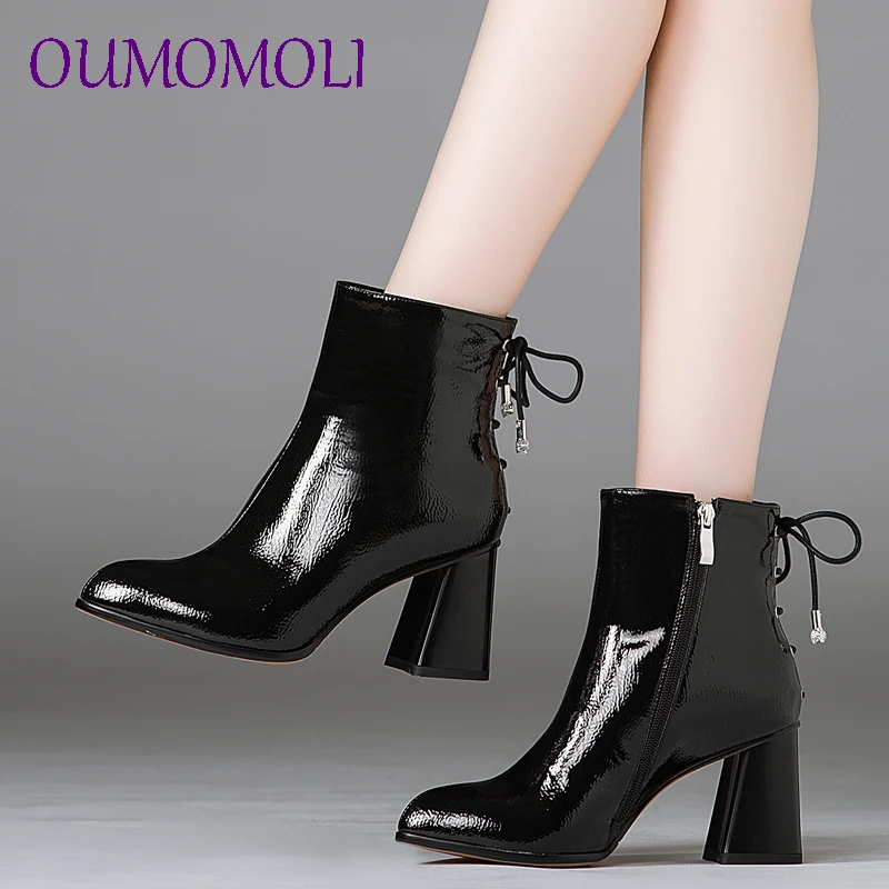 

Natural Genuine Leather Boots Women Winter Block Heel Ankle Boots Bow zipper Leather Short Boots Black High Heels