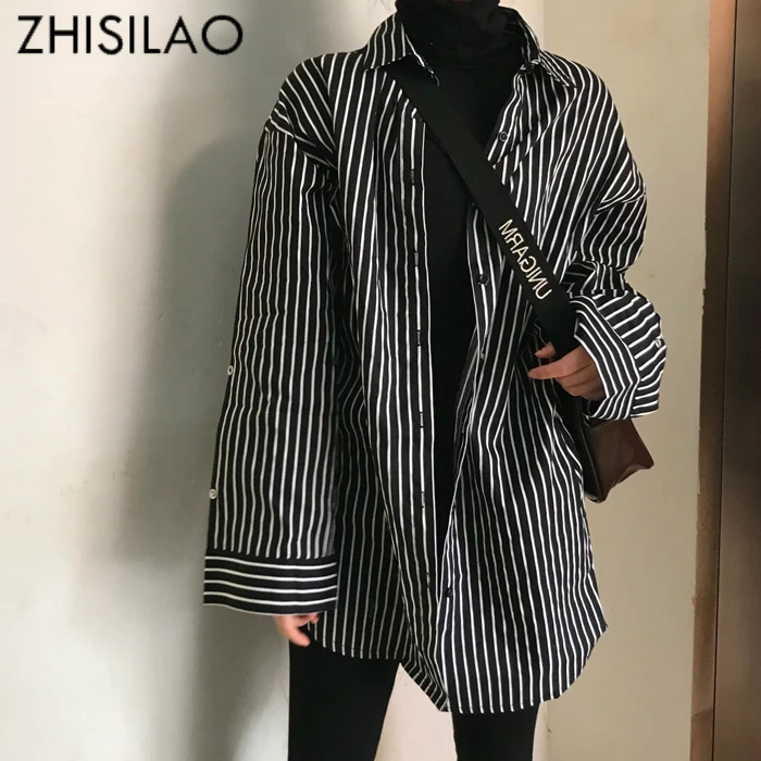 

ZHISILAO Oversize Stripe Black Blouse Plus Size Shirts Ladies Maxi Loose Blouse Vintage Woman Top Streetwear Autumn
