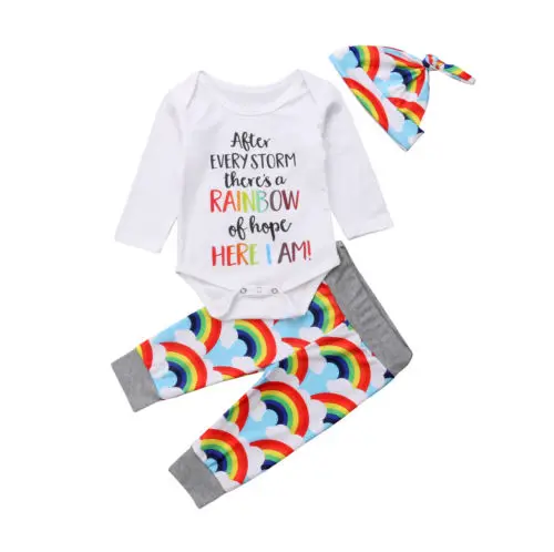 

3Pcs Newborn Baby Girls Romper Tops+ Rainbow Long Pants Hat Outfits Clothes Set