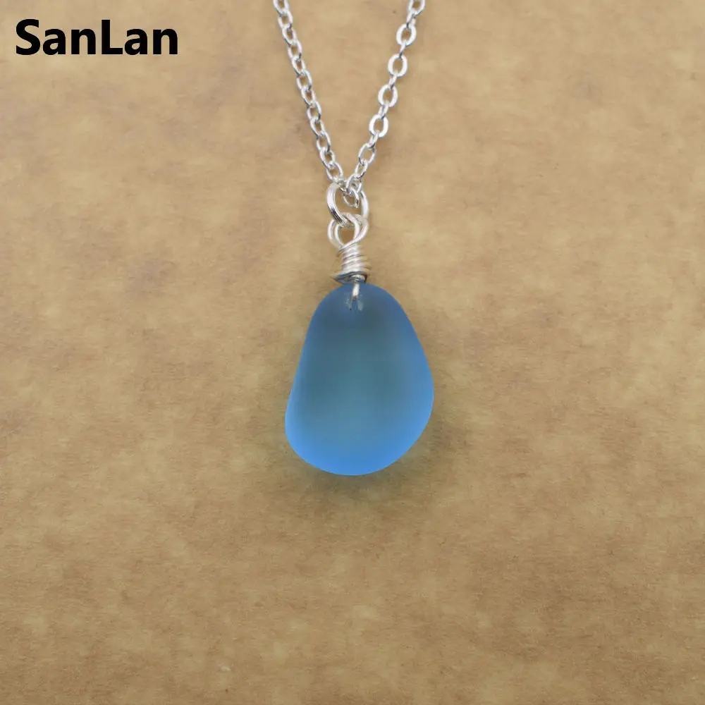 

SanLan 1pcs handmade 12-16mm blue color Sea glass necklace seaglass, beach glass