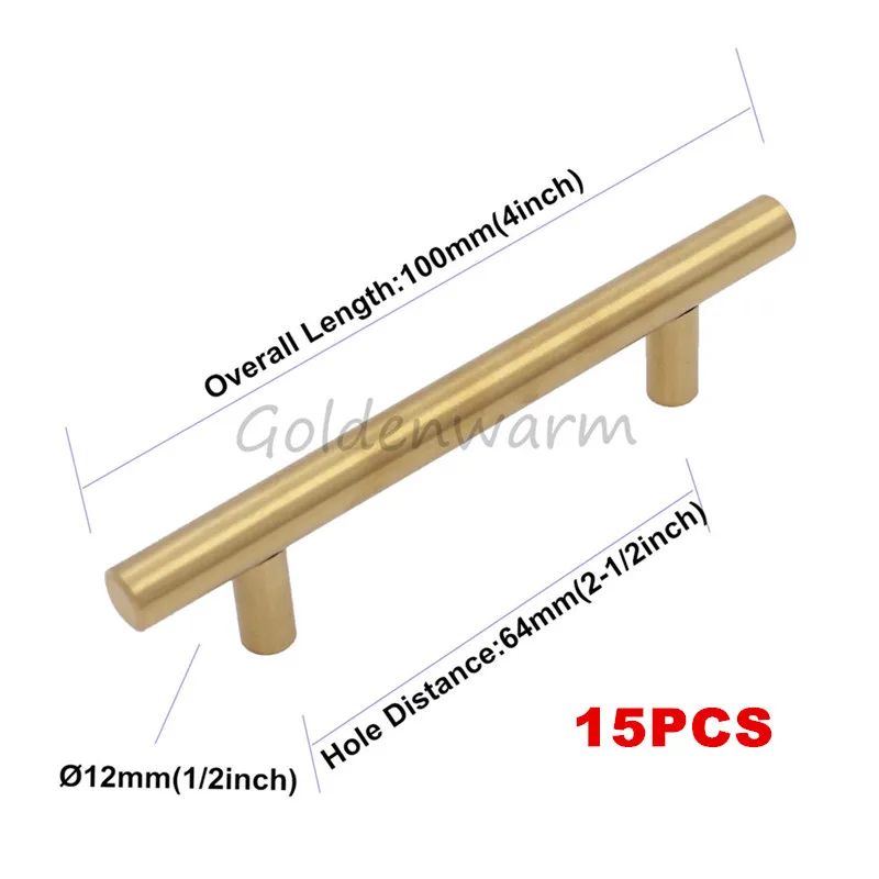 Золотые ручки для шкафа Goldenwarm мебель оборудование T бар кухонный шкаф ручки ящика ручки "~ 5" отверстие центры золотые ручки - Цвет: 64mm 15PCS