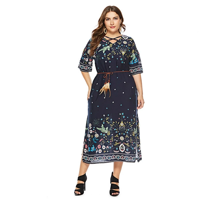 

Hot Selling 5XL Plus Size Dress Women's Clothing Loose Print Midi Summer Dress with Sashes Female Vestidos De Fiesta TA8042