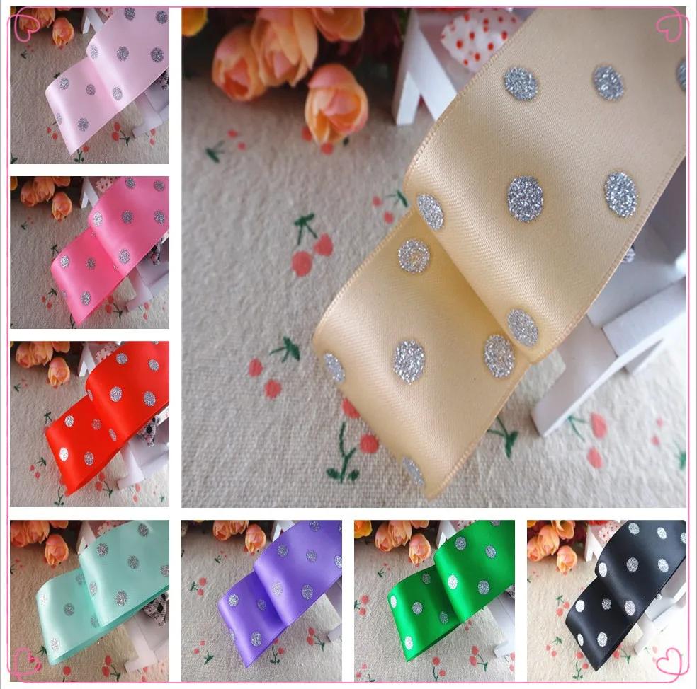 

1-1/2" 38mm 5 yards glitter silver dots printed satin ribbons DIY hairbows ribbon handmade materials MD18021001