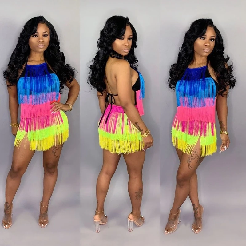 Women Summer Sexy Tassel Bodysuit Dance Backless Bodycon Party Club Short Colorful Rainbow Tassel Fringe Mini Jumpsuit Vestidos Women Summer Sexy Tassel Bodysuit Dance Backless Bodycon Party Club Short Colorful Rainbow Tassel Fringe Mini Jumpsuit Vestidos