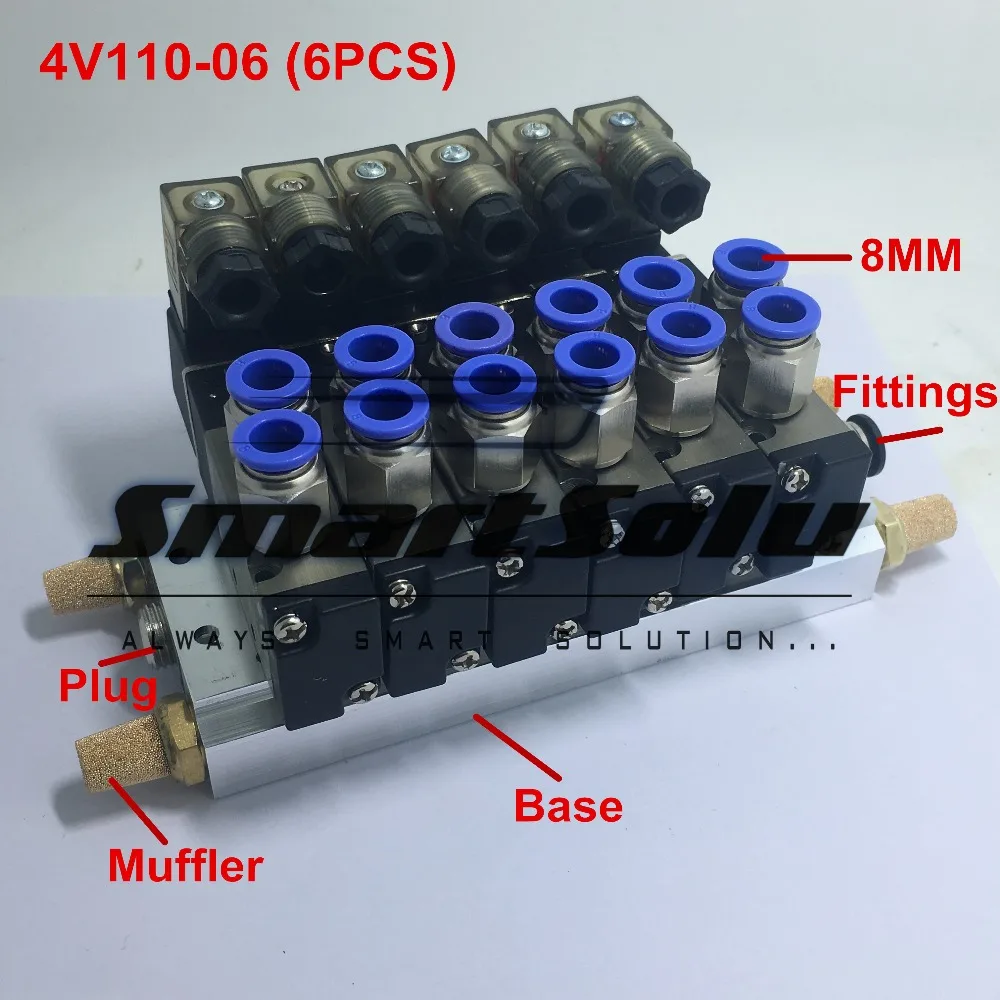 

Free shipping 4V110-06 x6 Solenoid Air Valve Set 5port 2position 1/8" BSP Connected Base Muffler Fitting