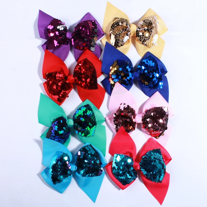 

50PCS 12CM New Dovetail Grosgrain Fabric Hair Bows For Hair Clips With Sparkling Sequins Boutique Ribbon Hair Bow For Christmas