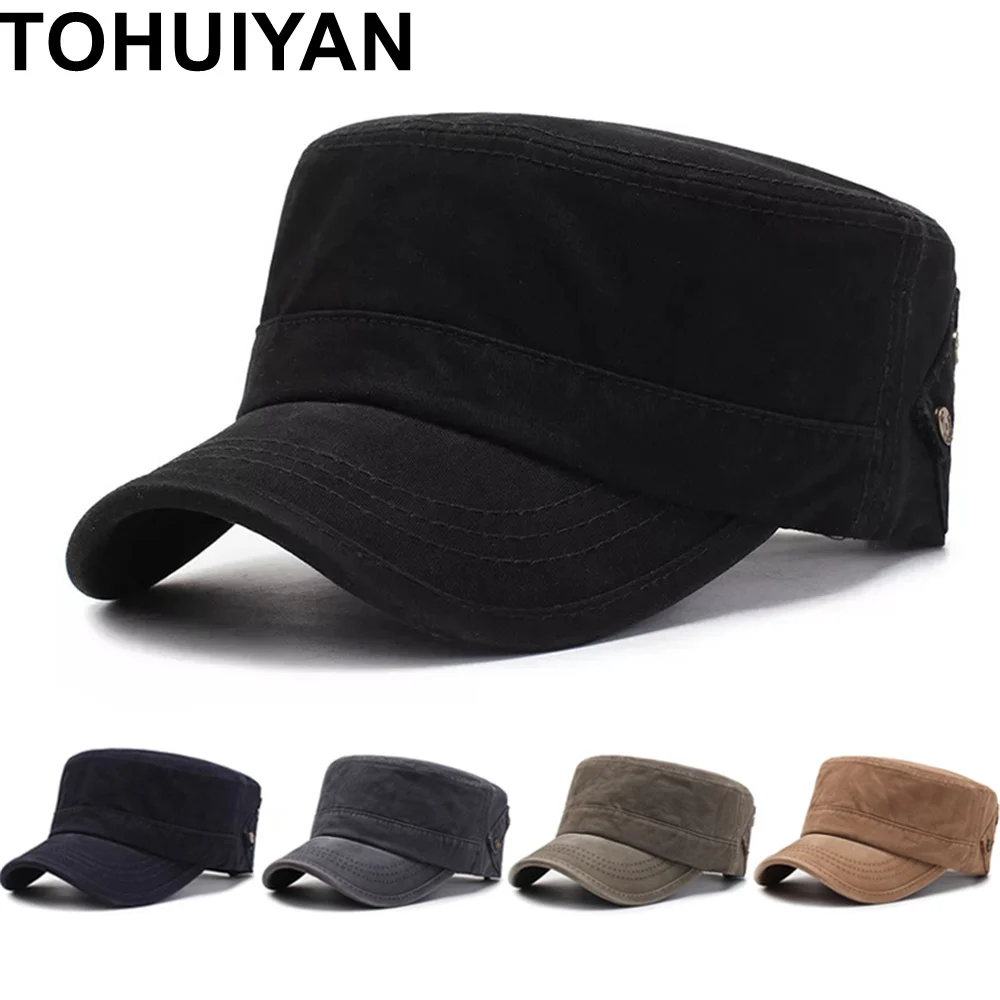 

TOHUIYAN Washed Cotton Military Cap For Men Fall Summer Solid Cadet Hat Women Flat Roof Patrol Hat Vintage Adjustable Army Caps
