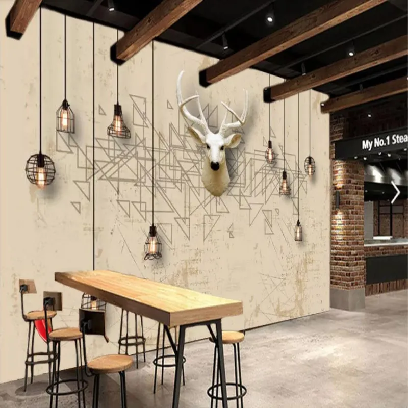 

Wallpaper mural retro nostalgic light bulb deer head bar catering background wall