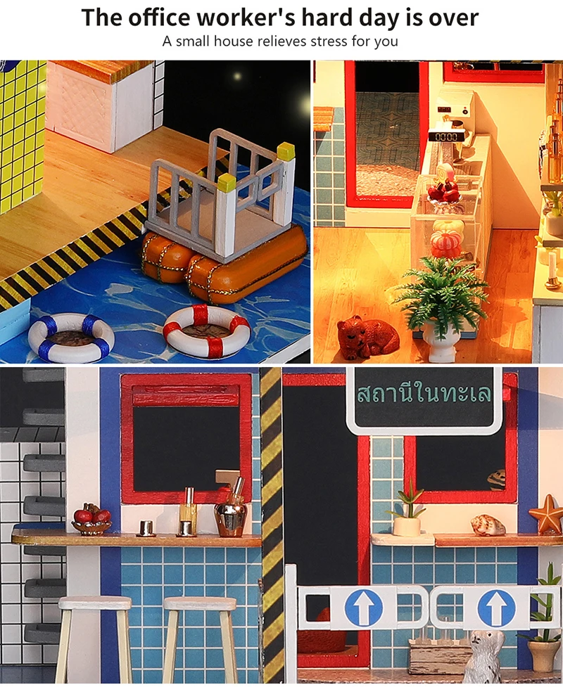 DIY Dollhouse Wooden Miniature Doll House Sea Post Station Handmade Building Model Assemble Kits Casa De Boneca Toys (7)