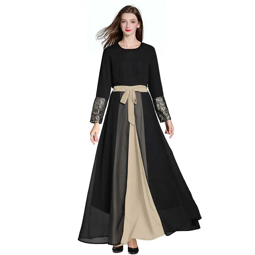 

2019 New Spring Autumn Chiffon Black Embroidery Maxi Dress Women Muslim Abaya Dubai Arabic UAE Islamic Robe Long Sleeve VKDR1444