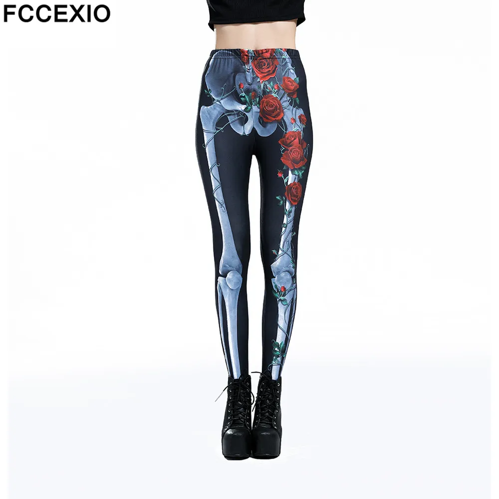 

FCCEXIO New Women Skull Leggings High Waist Workout Pants Fitness Legging 3D Rose Skeleton Printed Leggins Plus Size Lady Leggin
