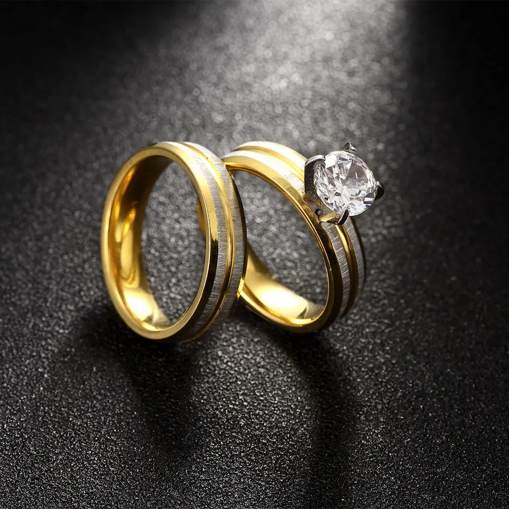 Engagement Promise Jewelry Round Cut AAA Zircon Couples Ring Set Gold Color Titanium Stainless Steel Wedding Ring for Men Women