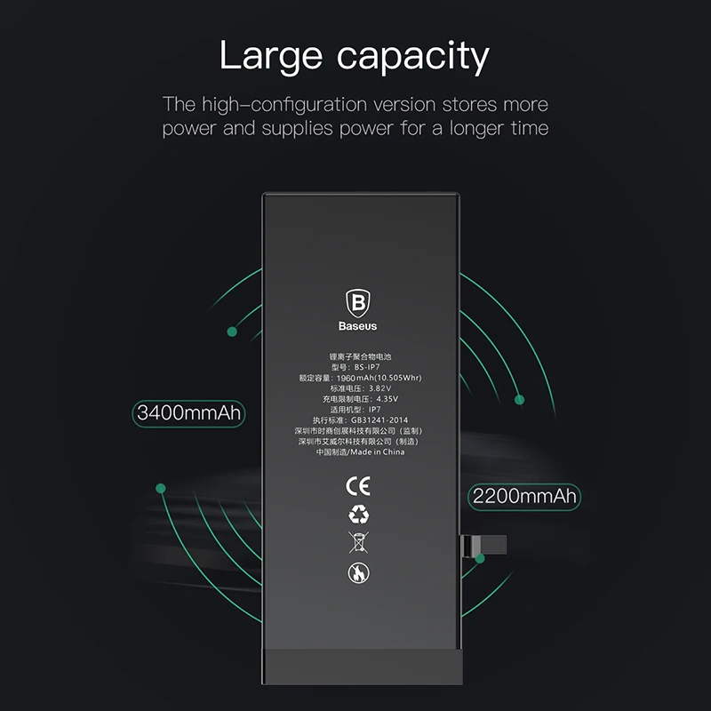 Original Baseus Lithium Polymer Battery For iPhone 7 7G Replacement Real Capacity 1960mAh Free Repair Tools Retail Package