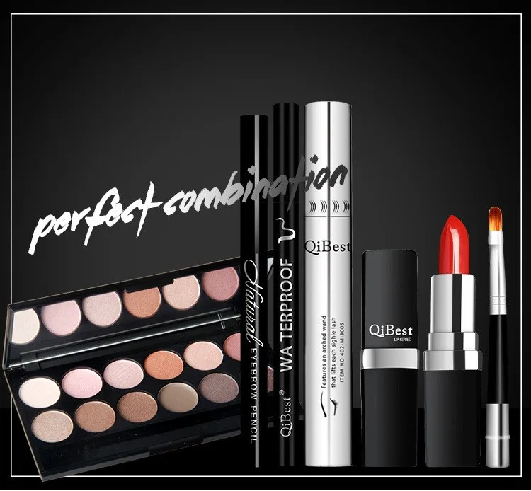 Mascara + Sombra + Delineador Lápis + Batom + Lip Cosméticos com Escova de Longa-duração para Mulheres Qibest Banda Pincel Maquiagem 6 Pcs 6 Jogos de maquiagem