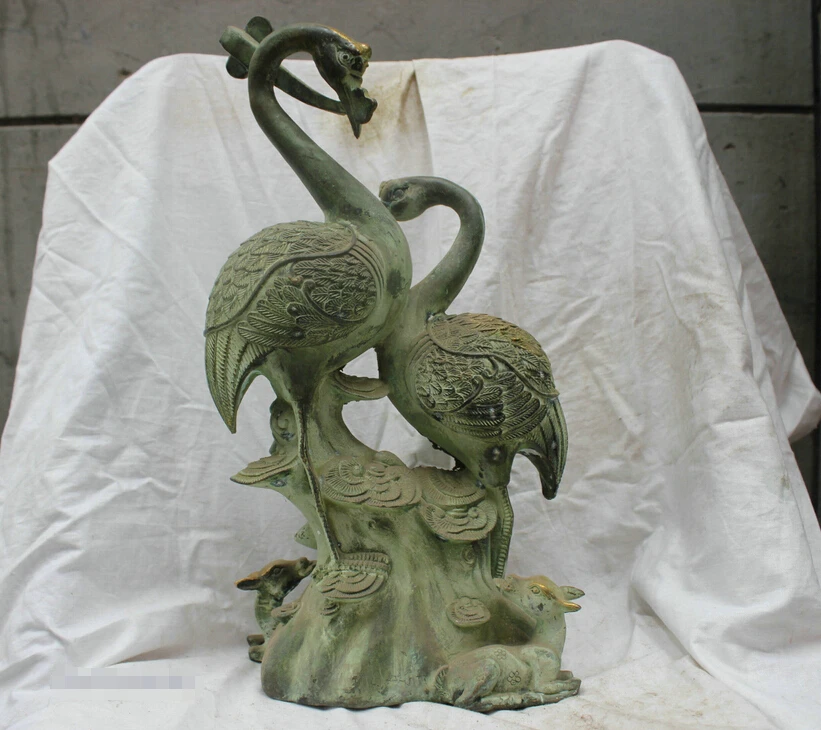 

Chinese Folk Culture HandMade Bronze statue FengShui Crane RuYi Deer Sculpture