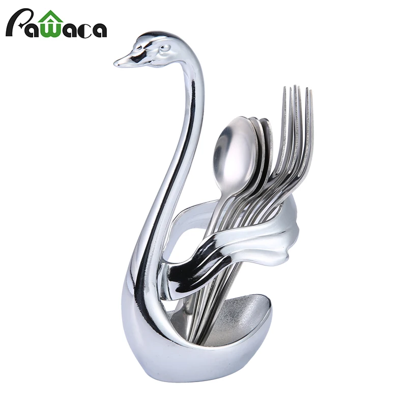 

Swan Base Holder Fruit Forks Set Stainless Steel Salad Dessert Forks Spoon Coffee Cake Tools Tableware with 3 Forks & 3 ladles