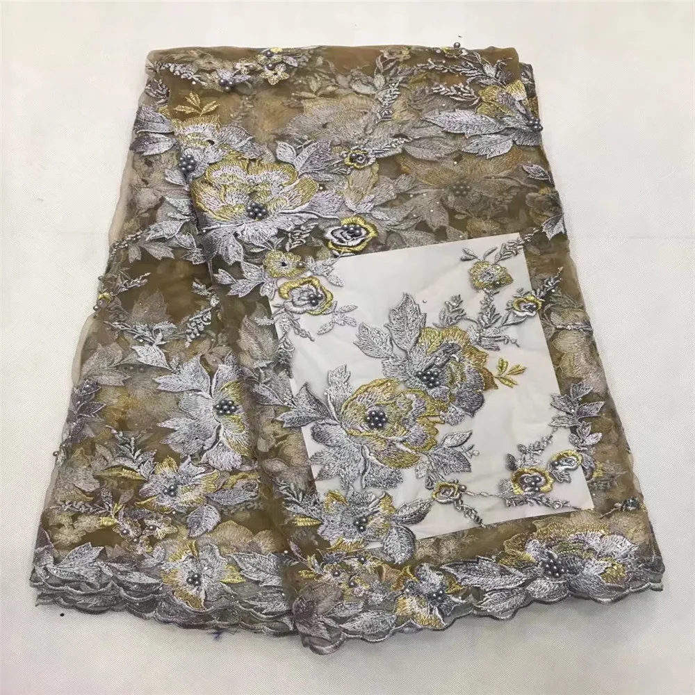 

HFX Champagne gold lace fabric sewing supplies wholesale african french lace fabric high quality with stones and beads B03-1