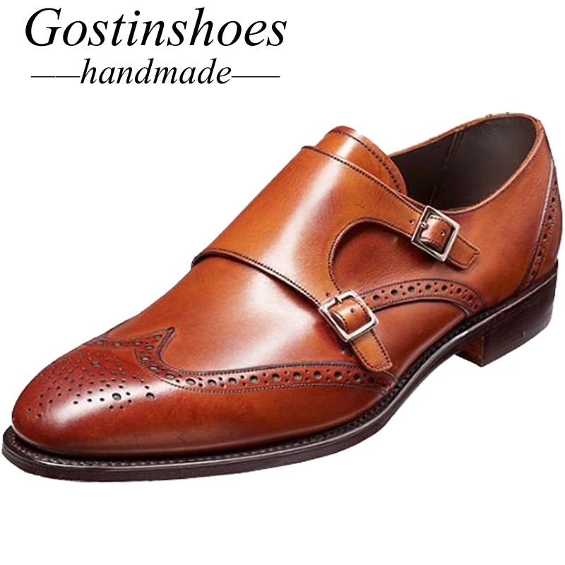

GOSTINSHOES HANDMADE Genuine Tan Leather Double Monk Oxford Brogue Wingtip Shoes Pointed Toe Solid Brown man shoes SCZ008