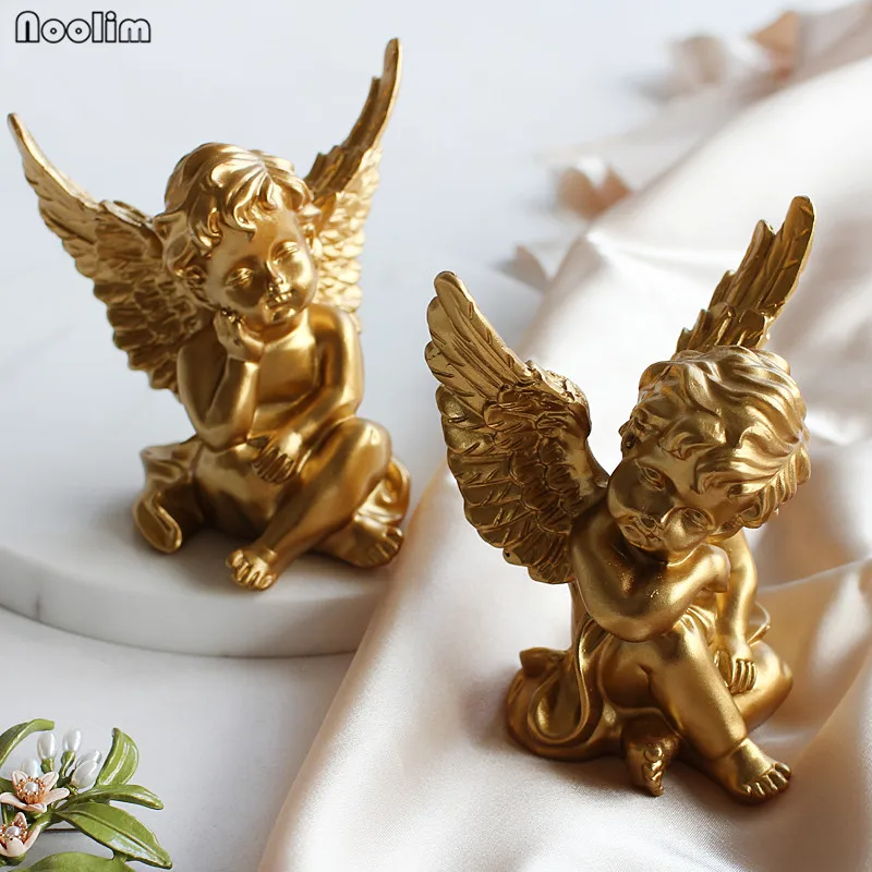 

NOOLIM 2Pcs/set Nordic Style Resin Figure Sculpture Window Props Golden Angel Ornaments Home Tabletop Decoration Birthday Gift