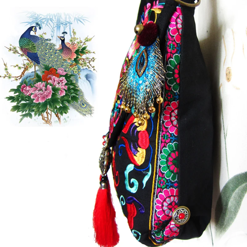 Brand canvas embroidered Women handbags Vintage handmade feather tassel bag National style shoulder messenger bags