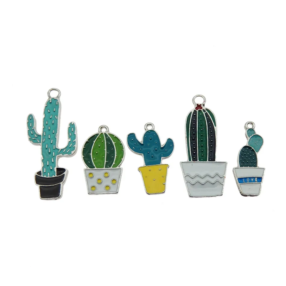 

5Pcs Potted Enamel Cactus Colorful Cacti Silver Color Alloy Base Pendant Charm For DIY Fine Earring Keychain Jewelry