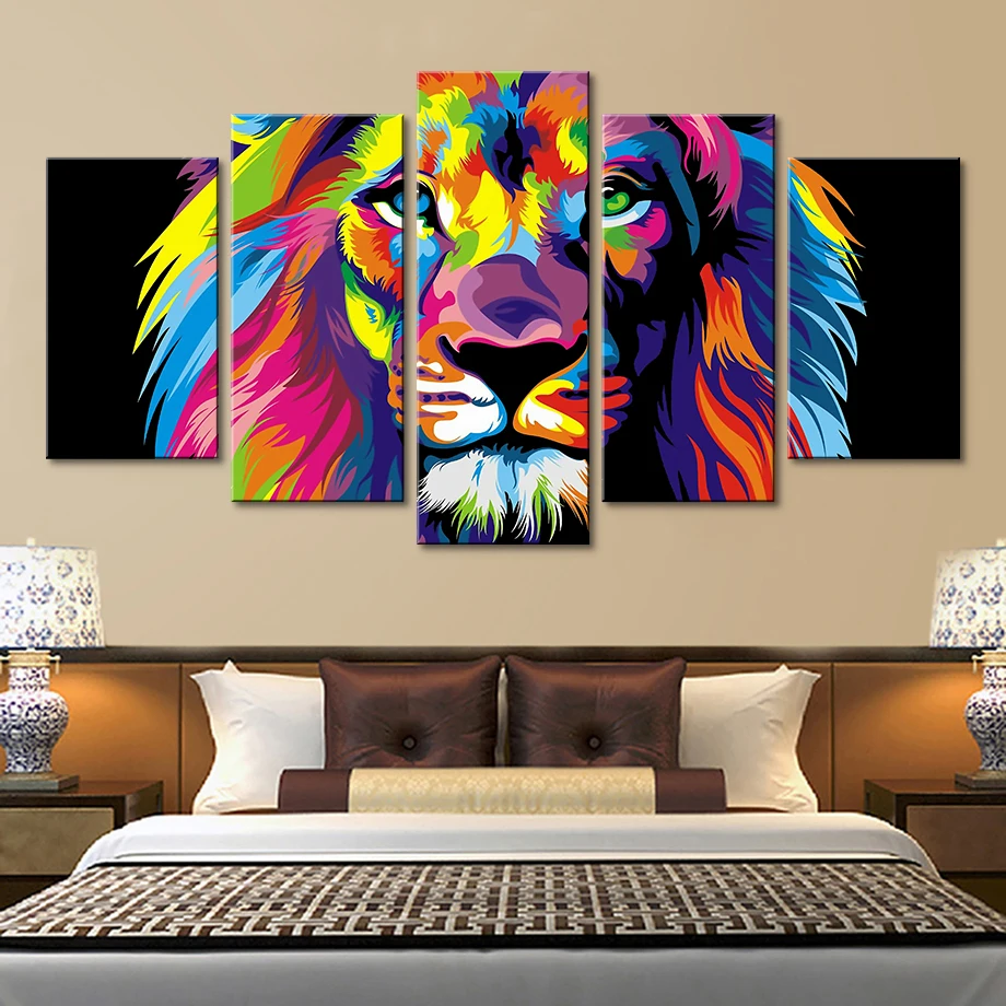 

Canvas Posters Home Decor Wall Art Framework 5 Pieces Colorful Lion Paintings For Living Room HD Prints Abstract Animal Pictures
