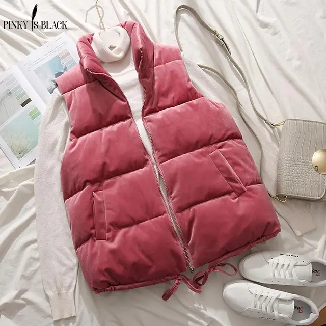 PinkyIsBlack Winter Vest Women Waistcoat 2021 Female Sleeveless Jacket Stand Collar Warm Velvet Vest Outwear Colete Feminino Pink