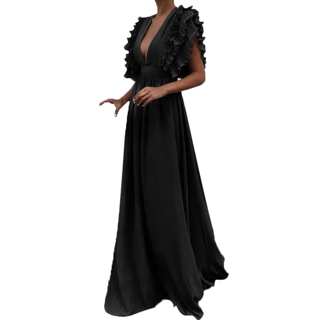 Женское длинное платье с v-образным вырезом и рукавами-крылышками в стиле ретро, большие размеры, однотонное платье, свободное вечернее
