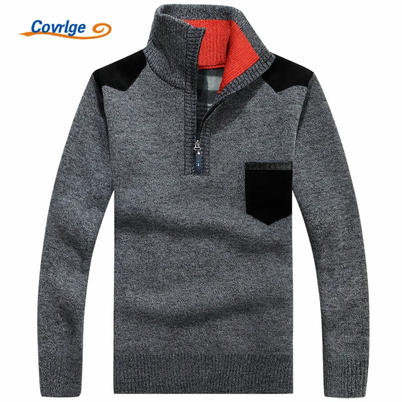 

Covrlge 2019 Winter Men's Sweater Plus Velvet Thickening Warm Male Turtleneck Sweaters for Men Fashion Zipper Pullovers MZM025