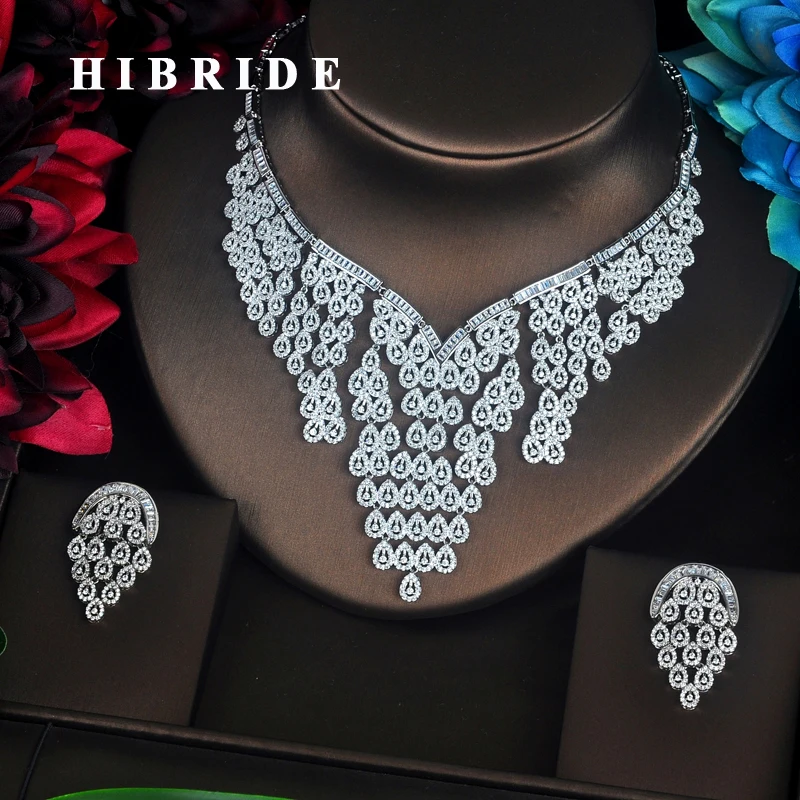 

HIBRIDE Sparkling Bijoux Dubai Jewelry Sets Full Cubic Zirconia Necklace Set Women Wedding Bride Party Show Sets Wholesale N-344