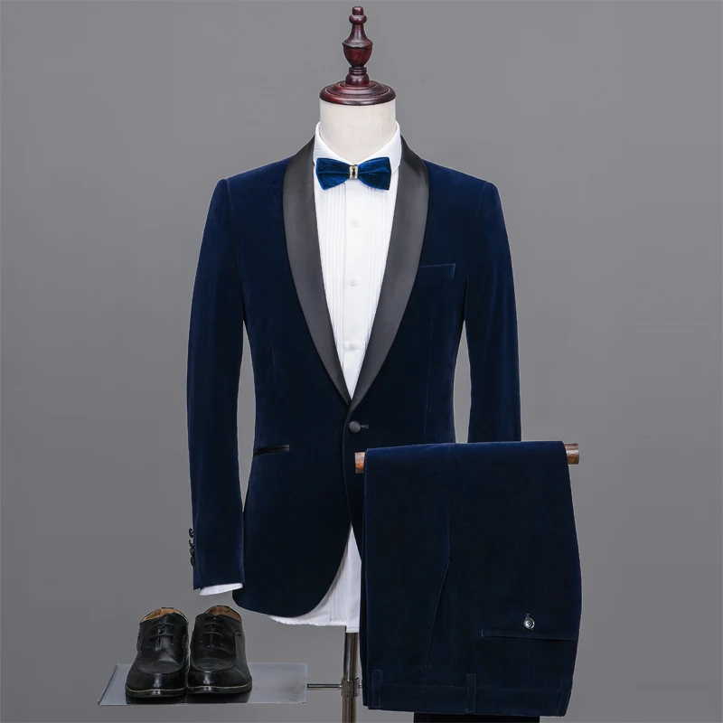 Latest Coat Pant Designs Navy Blue Velvet Suits Men Formal Slim Fit
