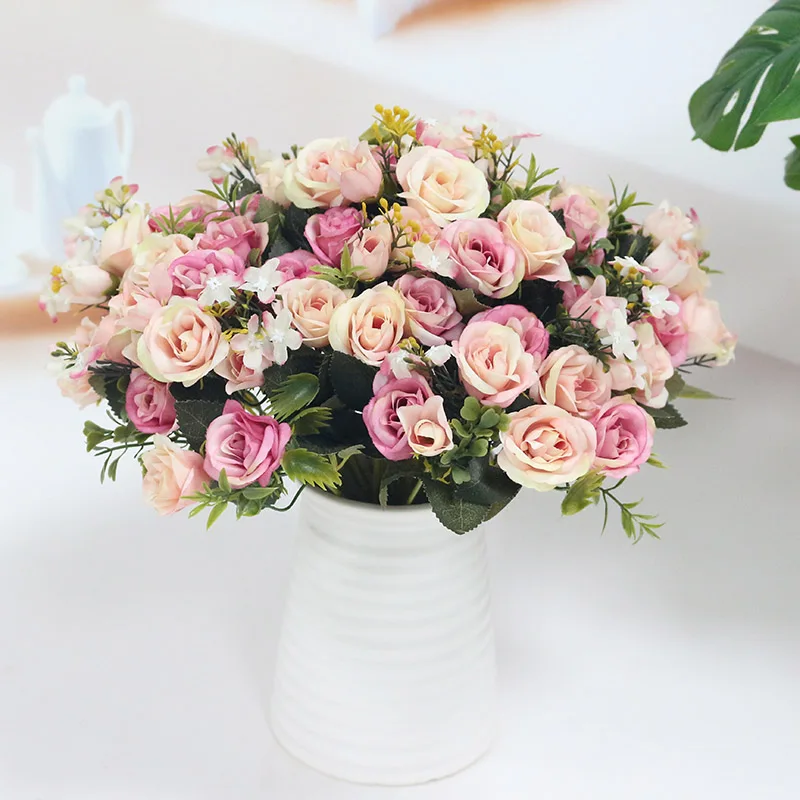 Flone Artificial European Silk Small Rose Fake Flowers Bouquet Wedding Flower Row DIY Accessories Material Home Party Decoration (14)