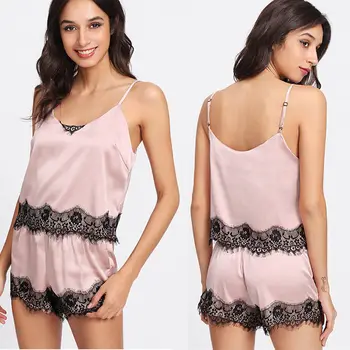 

Sexy Women Lady Patchwork Sleeveless Sleepwear Satin Nightwear Pajamas Set Size XS-L