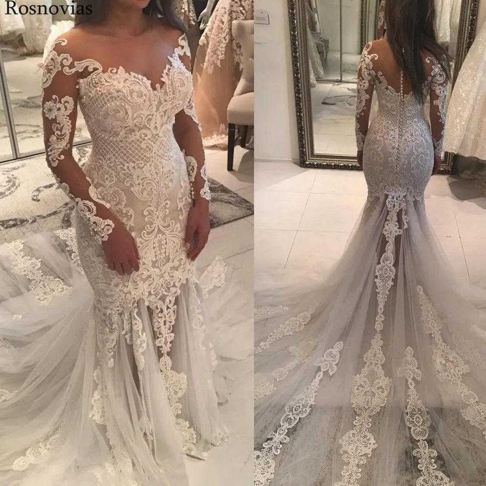 Long Sleeves Mermaid Wedding Dresses 2019 Sheer Neck Covered Button Back Sweep Train Lace Appliques Pearls Bridal Gowns Custom
