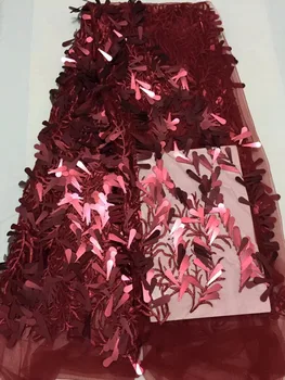 

Wine Red African French Embroidered Net Lace Fabric High Quality Sequins Nigerian Laces Fabric Bridal French Tulle Lace Fabric