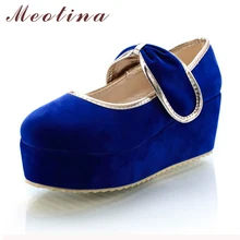 Fashion Women’s Pumps Spring Closed Toe Flock Mary Jane Platform Wedges Female Knot Black Shoes Plus Size 9 10