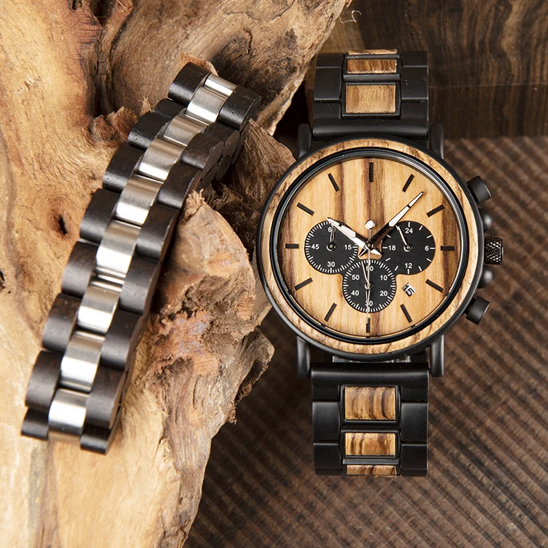 BOBO BIRD Wooden Men Watch and Wood Bracelet Quartz Wristwatches Timepiece Chronograph Luminous Relogio Masculino In Box V-P09