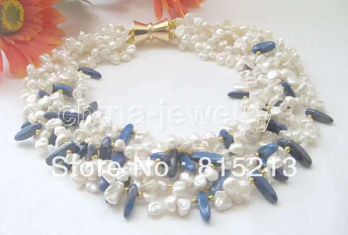 

ddh00932 6row 9mm white baroque keshi reborn freshwater pearl & lapis lazuli necklace