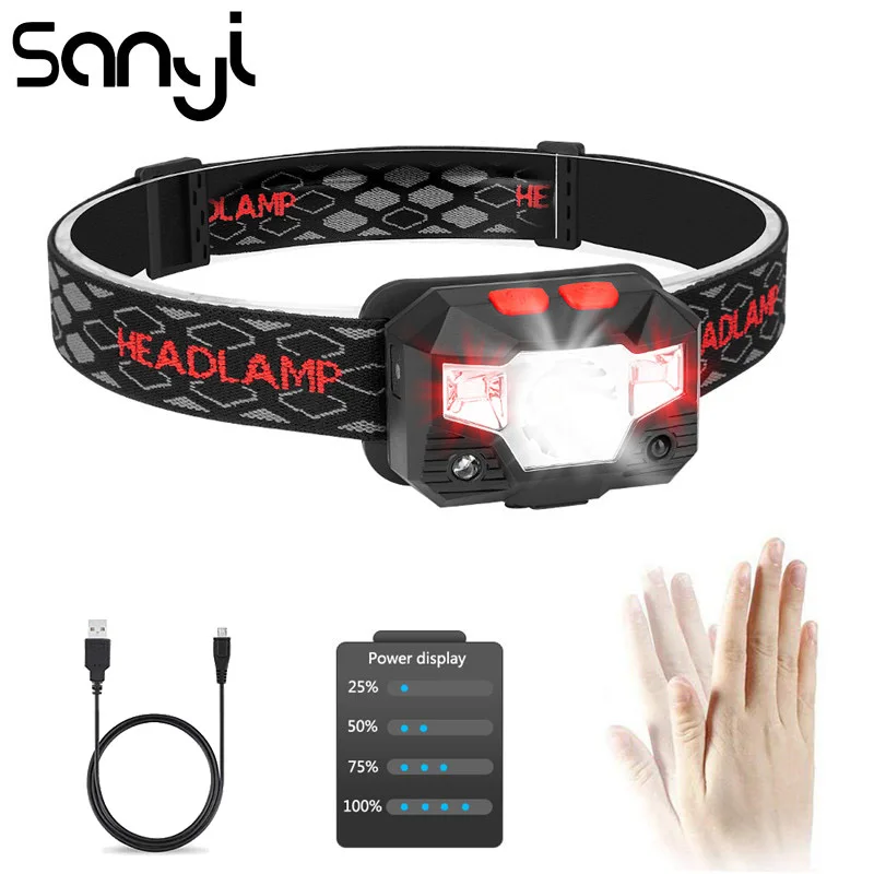 

SANYI Sensor Control Headlight 5 Modes USB Rechargeable Built-in Battery Headlamp LED Flashlight Forehead 3800 Lumen Light
