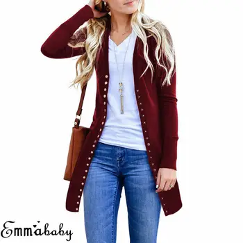 

Ladies Casual Button Solid Long Outwear Women Autumn Long Sleeve Knitted Cardigan Sweater